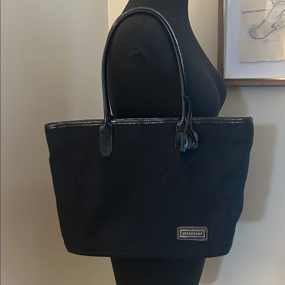 Longchamp LM Jaquard Black quilted large tote. Pink interior